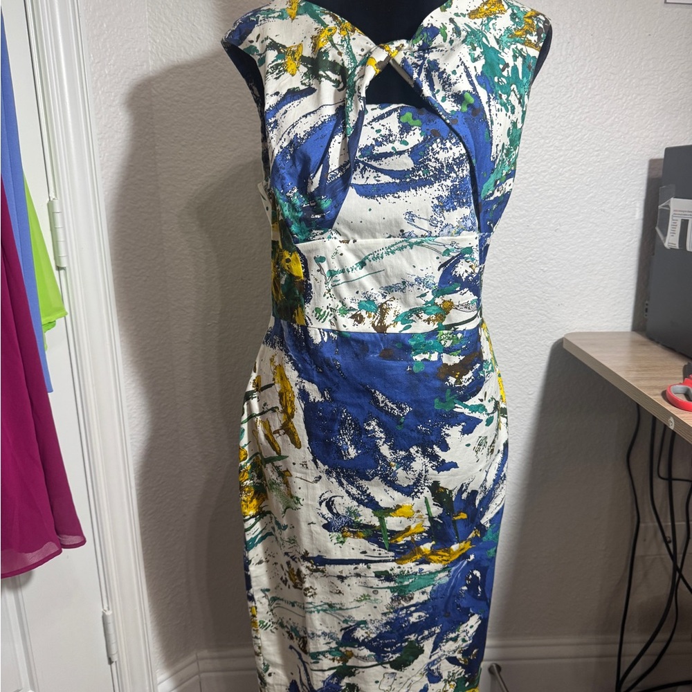 Made in Italy. Elegant Blue and Green Abstract Midi Dress